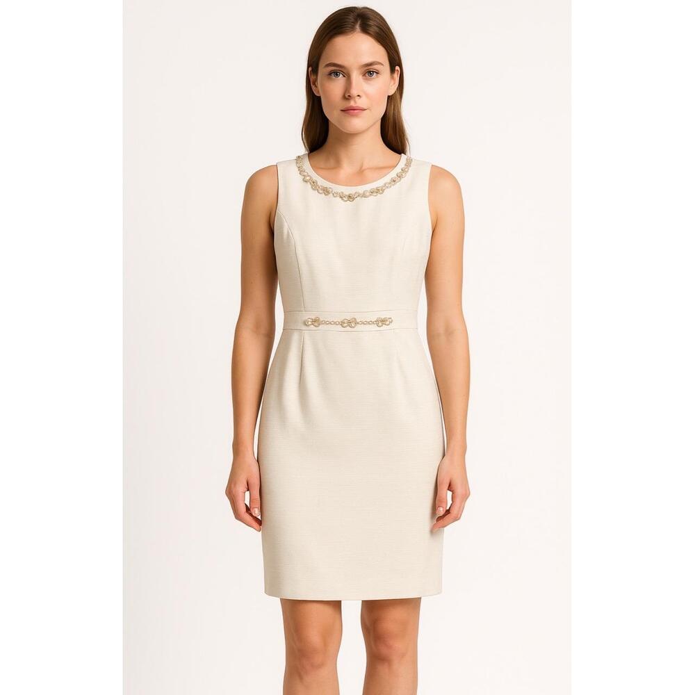 Liz Claiborne White‎ Sheath Dress Size 8 Gold Chain Detail Sleeveless Career
